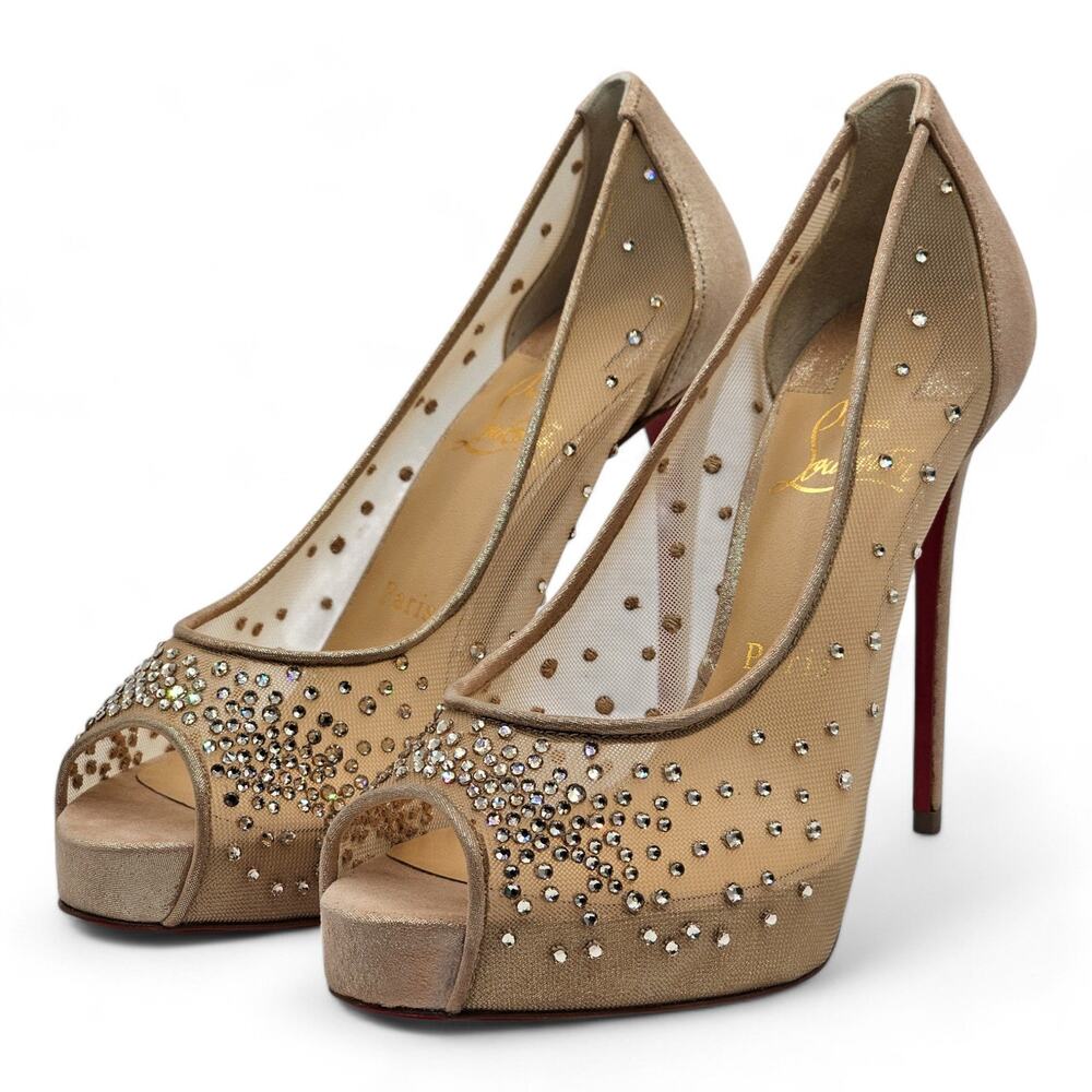 Christian Louboutin Very Strass Peep Pumps 120mm - Net - Nude - Picture 2 of 10